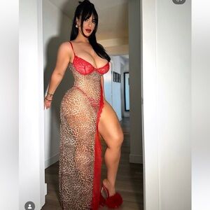 Red Lace & Leopard Sheer Maxi Lingerie Dress